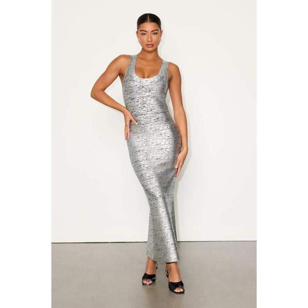 NWT Lulus Raveena Silver Abstract Bandage Bodycon Maxi Dress - Size XS